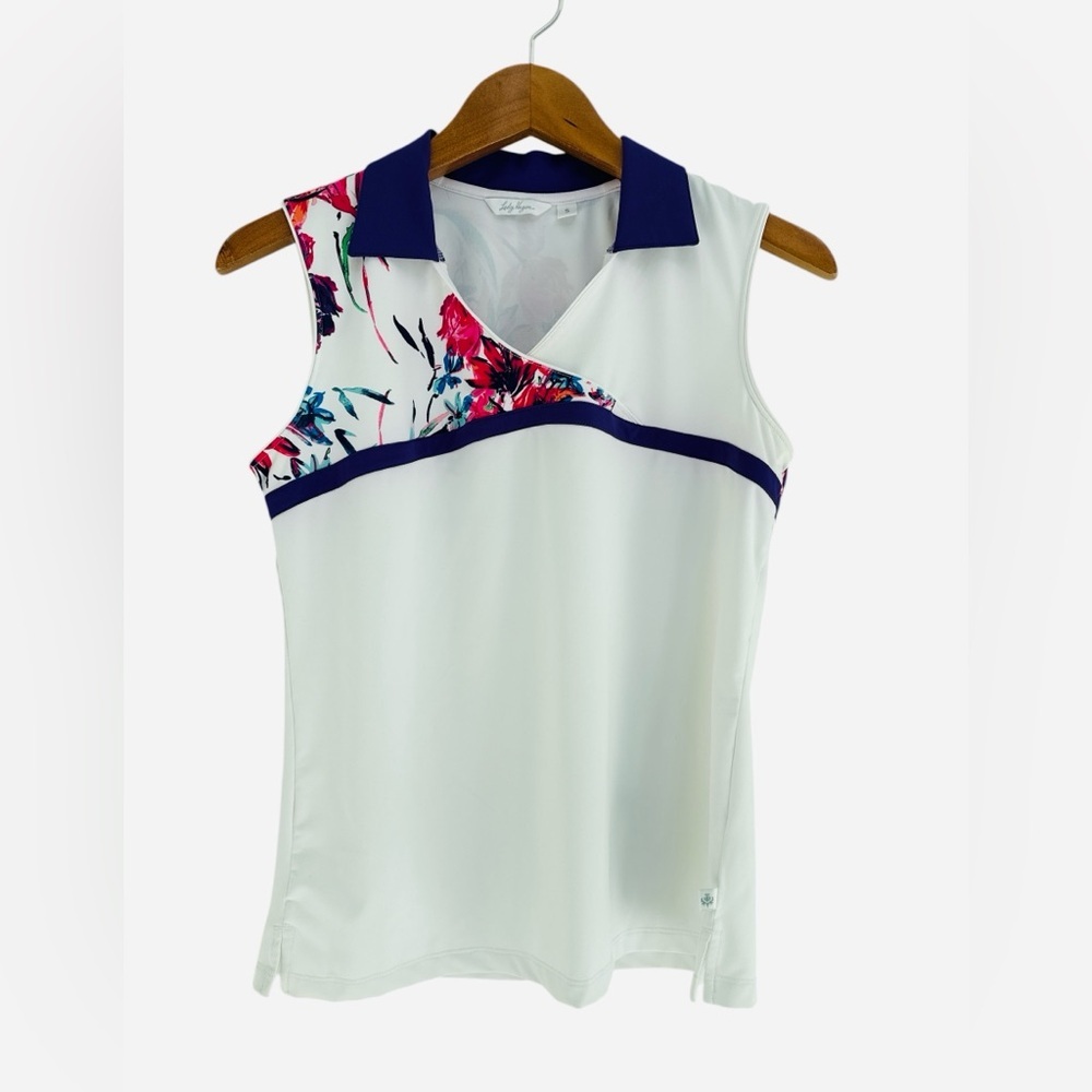 Lady Hagen Sleeveless Floral Accent Golf Polo Top White & Navy